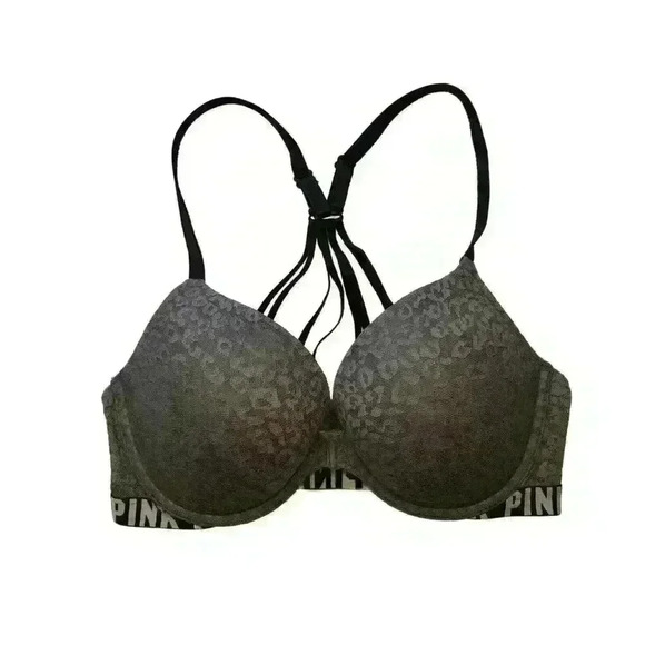 Victorias Secret PINK 34D Push Up Bra Front Closure Gray Lace Spellout - Picture 7 of 7